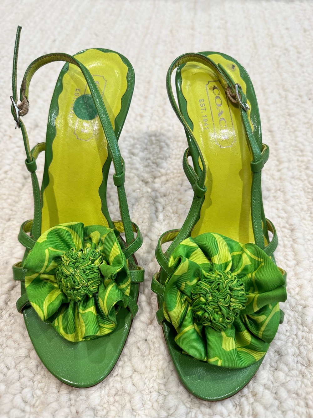 COACH Green Floral Rosette Slingback Heels